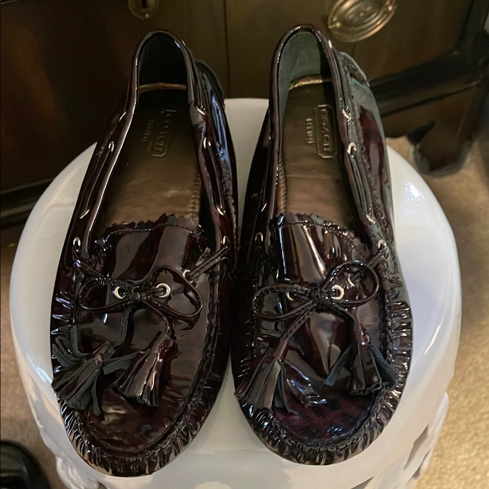 Coach Women's Black/brown leopard print  Patent Leather Loafers